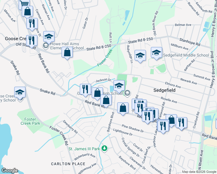 map of restaurants, bars, coffee shops, grocery stores, and more near 178 Buchanan Circle in Goose Creek