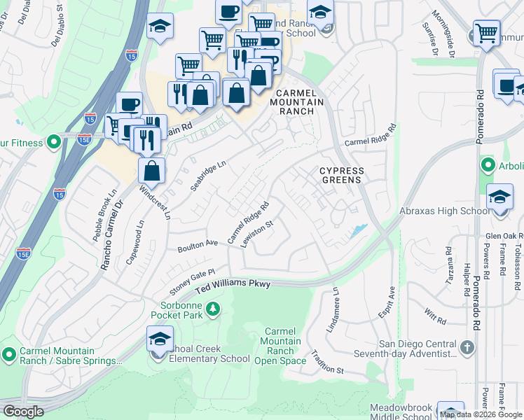 map of restaurants, bars, coffee shops, grocery stores, and more near 14050 Carmel Ridge Road in San Diego
