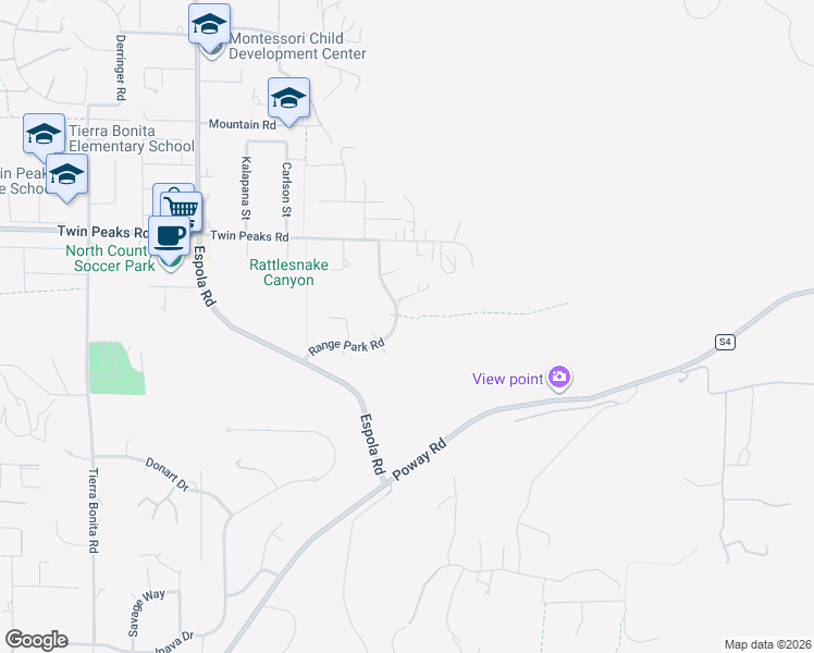 map of restaurants, bars, coffee shops, grocery stores, and more near 14449 Range Park Road in Poway