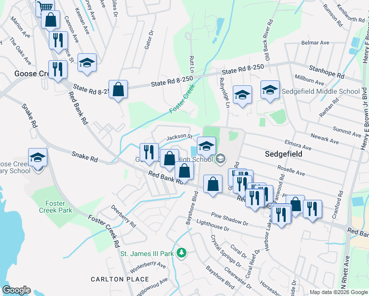 map of restaurants, bars, coffee shops, grocery stores, and more near 178 Buchanan Circle in Goose Creek