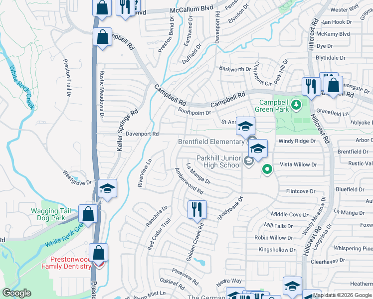 map of restaurants, bars, coffee shops, grocery stores, and more near 6409 Embers Road in Dallas