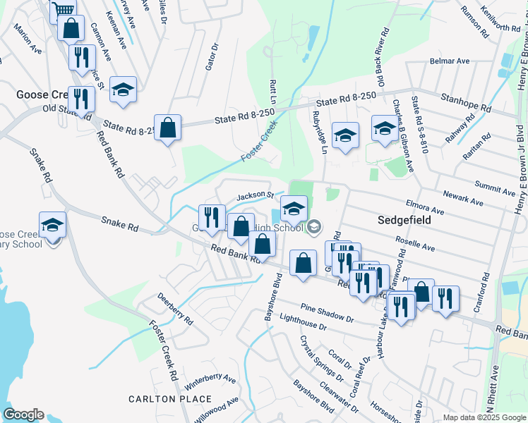 map of restaurants, bars, coffee shops, grocery stores, and more near 172 Buchanan Circle in Goose Creek