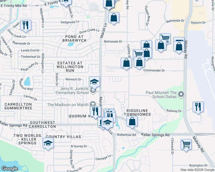 map of restaurants, bars, coffee shops, grocery stores, and more near 2308 Marsh Lane in Carrollton