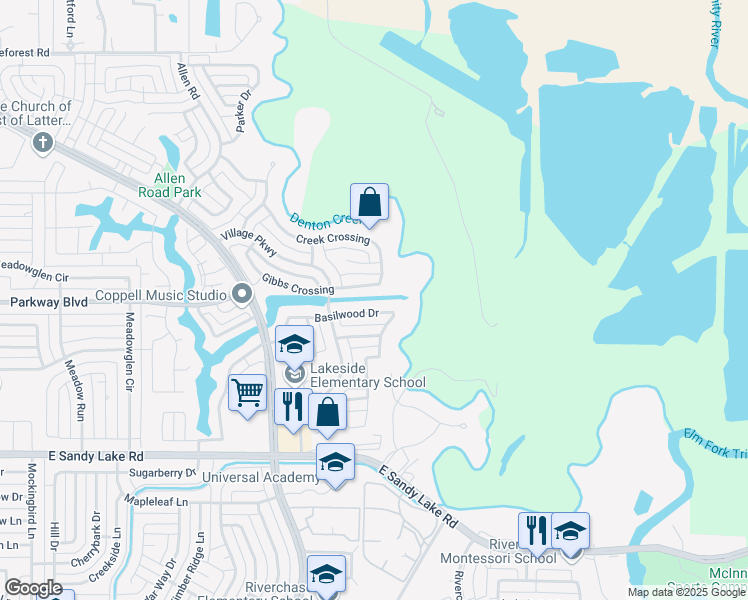 map of restaurants, bars, coffee shops, grocery stores, and more near 300 Village Parkway in Coppell