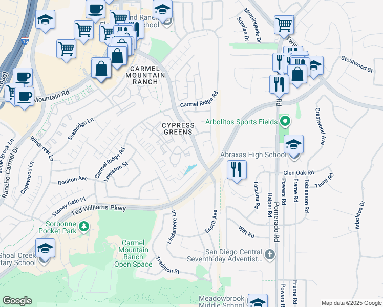 map of restaurants, bars, coffee shops, grocery stores, and more near 12079 Tivoli Park Row in San Diego