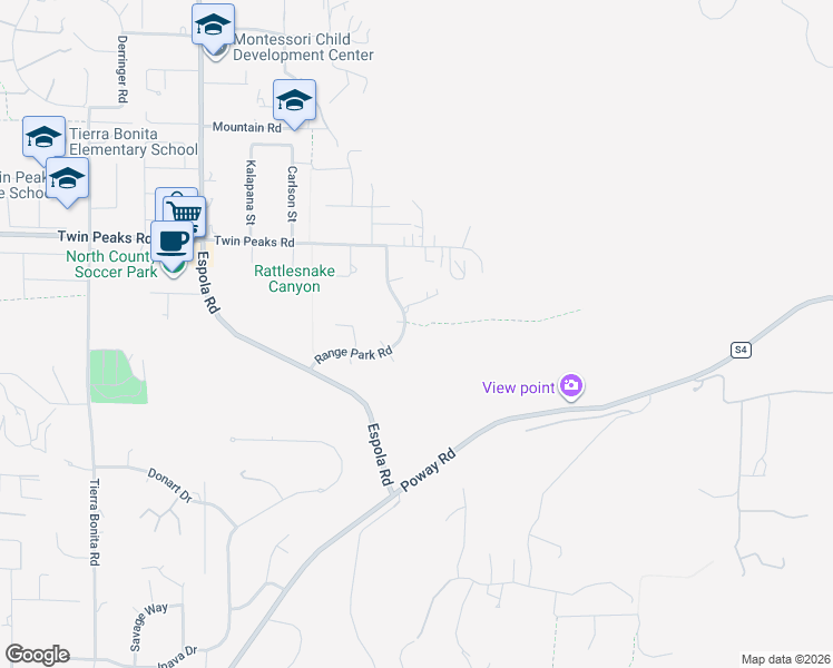 map of restaurants, bars, coffee shops, grocery stores, and more near 14449 Range Park Road in Poway