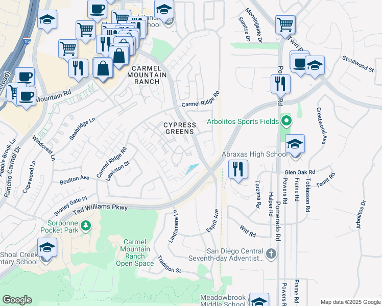 map of restaurants, bars, coffee shops, grocery stores, and more near 12079 Tivoli Park Row in San Diego