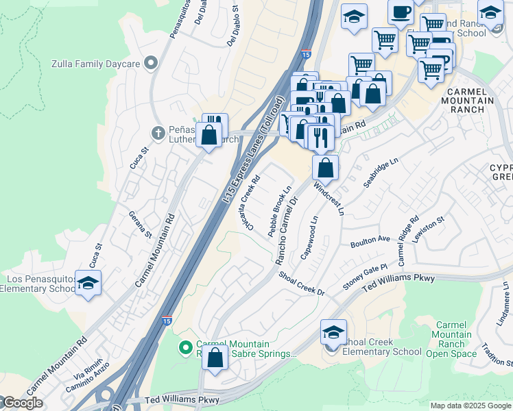 map of restaurants, bars, coffee shops, grocery stores, and more near 11235 Candleberry Court in San Diego