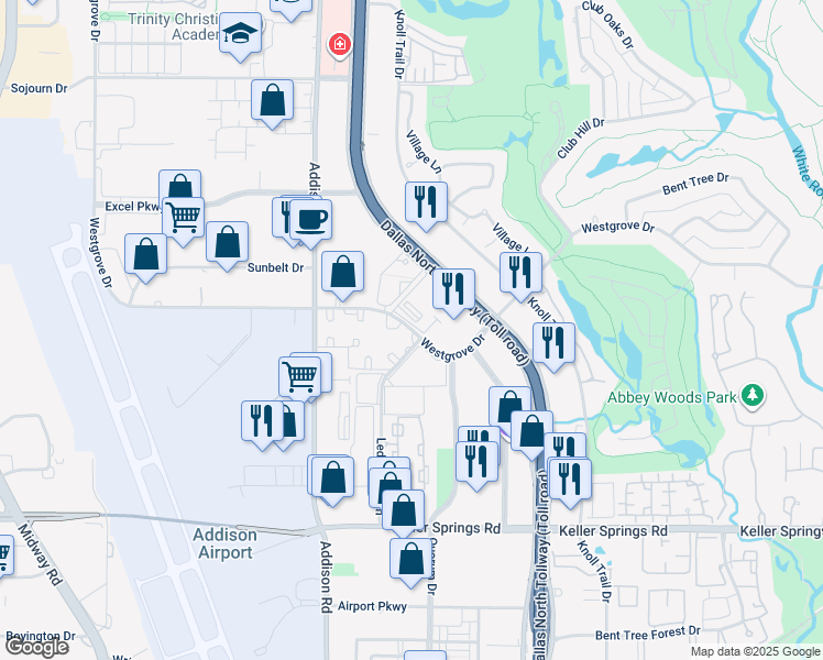 map of restaurants, bars, coffee shops, grocery stores, and more near 4824 Westgrove Drive in Addison