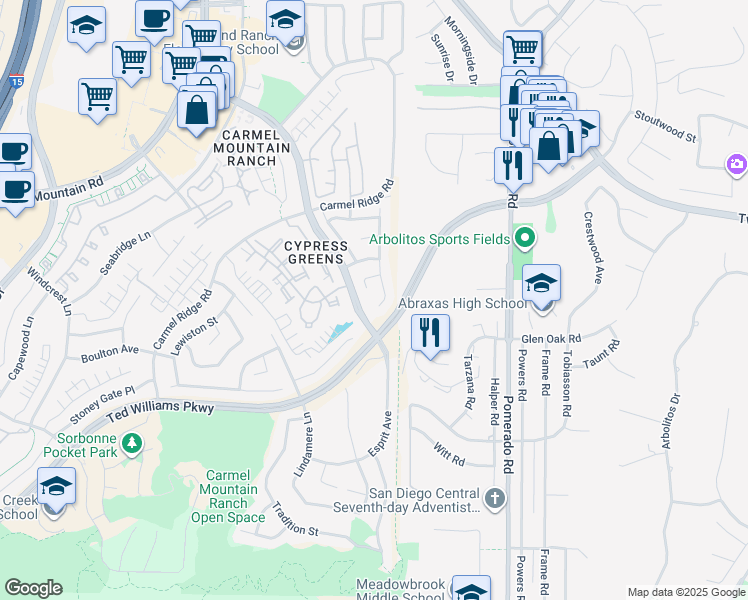 map of restaurants, bars, coffee shops, grocery stores, and more near 14018 Via Corsini in San Diego