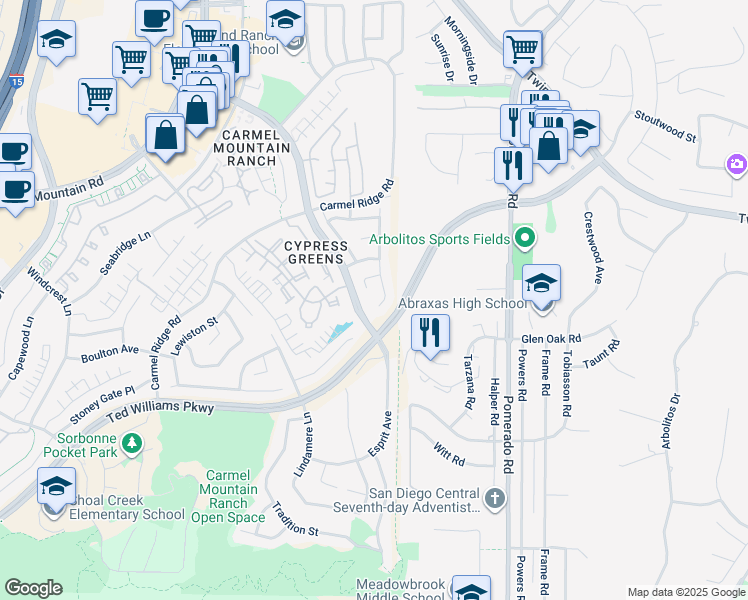 map of restaurants, bars, coffee shops, grocery stores, and more near 14018 Via Corsini in San Diego
