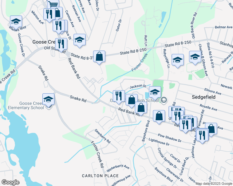 map of restaurants, bars, coffee shops, grocery stores, and more near 907 Red Bank Road in Goose Creek