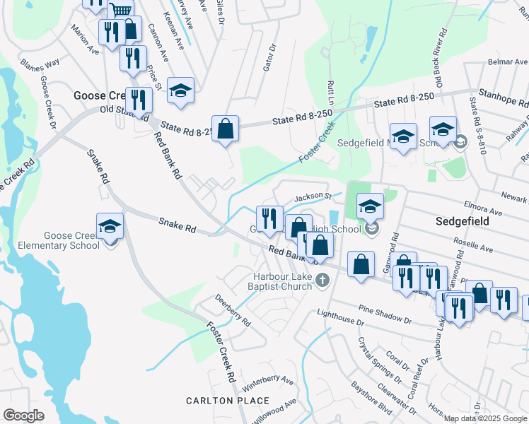 map of restaurants, bars, coffee shops, grocery stores, and more near Red Bank Road in Goose Creek