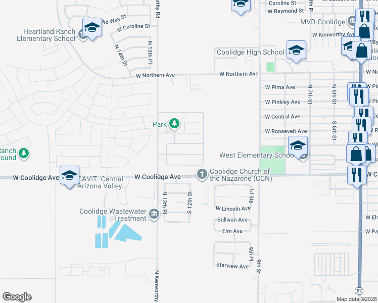 map of restaurants, bars, coffee shops, grocery stores, and more near 1226 West Harding Avenue in Coolidge
