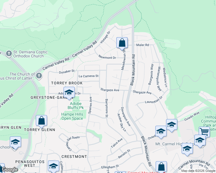 map of restaurants, bars, coffee shops, grocery stores, and more near 14180 Barrymore Street in San Diego