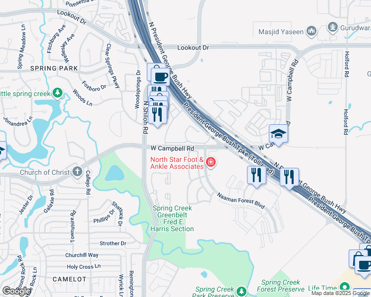 map of restaurants, bars, coffee shops, grocery stores, and more near 6602 Wildlife Trail in Garland