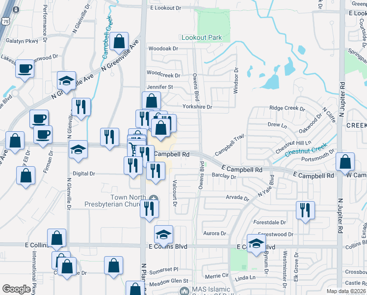 map of restaurants, bars, coffee shops, grocery stores, and more near 1526-1572 East Campbell Road in Richardson