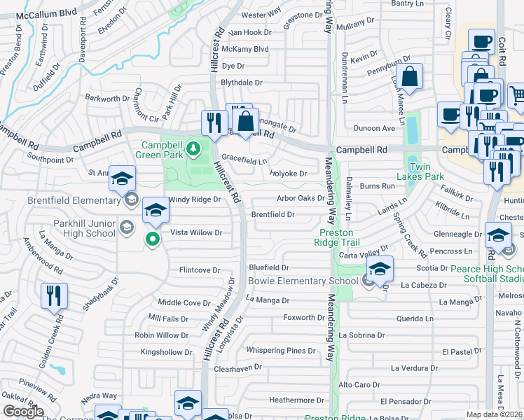 map of restaurants, bars, coffee shops, grocery stores, and more near 7202 Brentfield Drive in Dallas