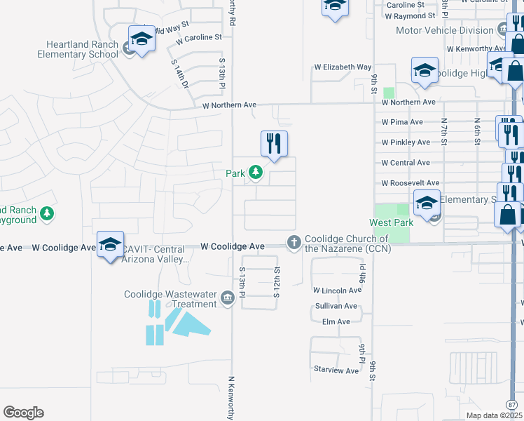 map of restaurants, bars, coffee shops, grocery stores, and more near 1256 West Wilson Avenue in Coolidge