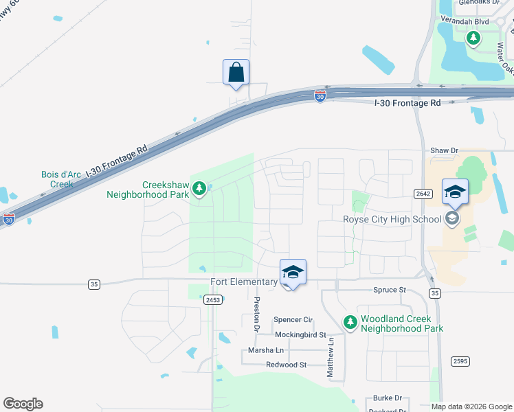 map of restaurants, bars, coffee shops, grocery stores, and more near 2763 Farm to Market 35 in Royse City