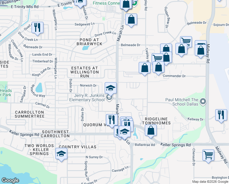 map of restaurants, bars, coffee shops, grocery stores, and more near 2407 Royal Summit Drive in Carrollton