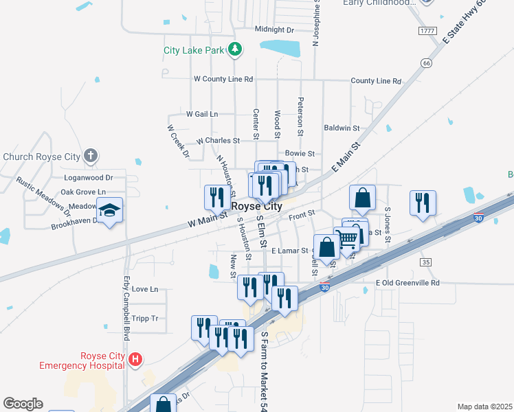 map of restaurants, bars, coffee shops, grocery stores, and more near in Royse City
