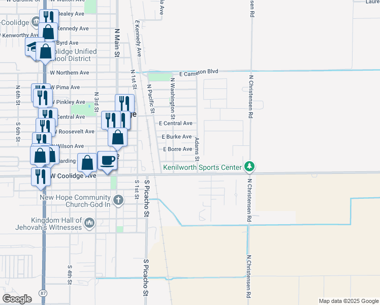 map of restaurants, bars, coffee shops, grocery stores, and more near 383 East Dirkley Avenue in Coolidge