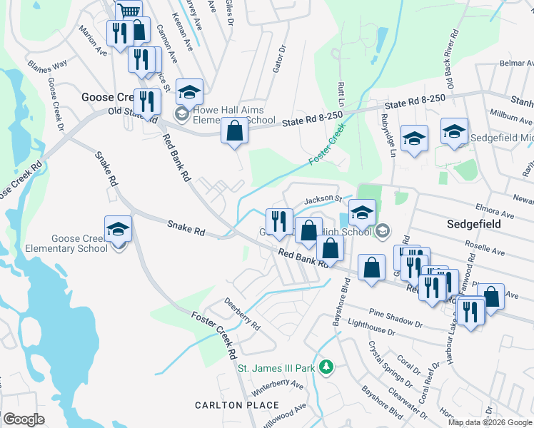 map of restaurants, bars, coffee shops, grocery stores, and more near 907 Red Bank Road in Goose Creek