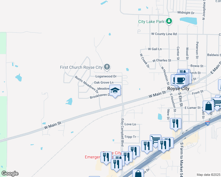 map of restaurants, bars, coffee shops, grocery stores, and more near 809 Meadowdale Drive in Royse City