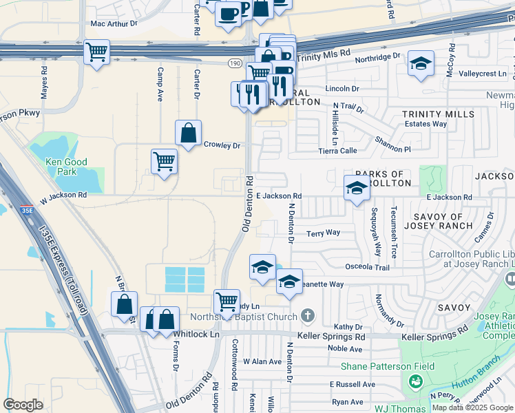 map of restaurants, bars, coffee shops, grocery stores, and more near 2180 Old Denton Road in Carrollton