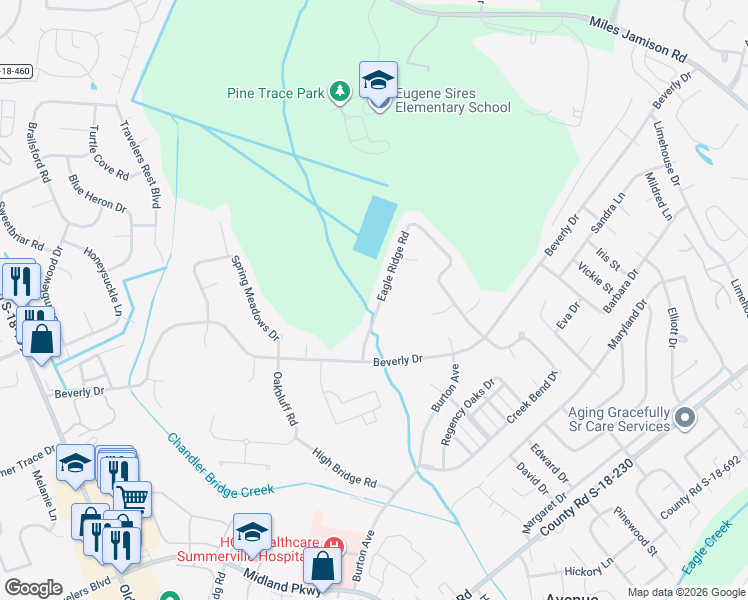 map of restaurants, bars, coffee shops, grocery stores, and more near 325 Eagle Ridge Road in Summerville