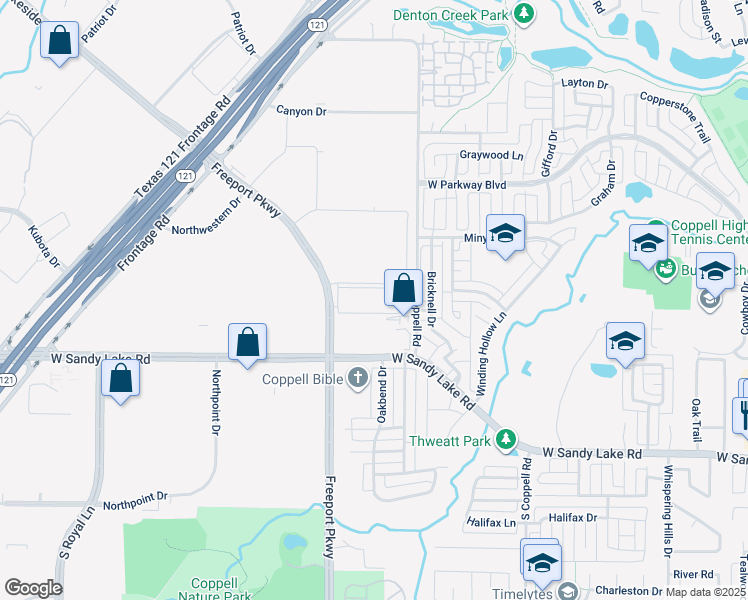 map of restaurants, bars, coffee shops, grocery stores, and more near 180 Freeport Parkway in Coppell