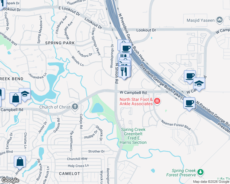 map of restaurants, bars, coffee shops, grocery stores, and more near 6599 North Shiloh Road in Garland