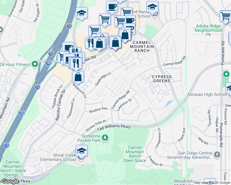 map of restaurants, bars, coffee shops, grocery stores, and more near 13997 Carmel Ridge Road in San Diego