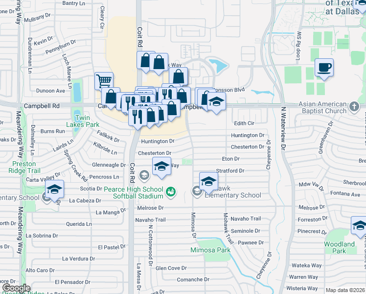 map of restaurants, bars, coffee shops, grocery stores, and more near 1311 Chesterton Drive in Richardson