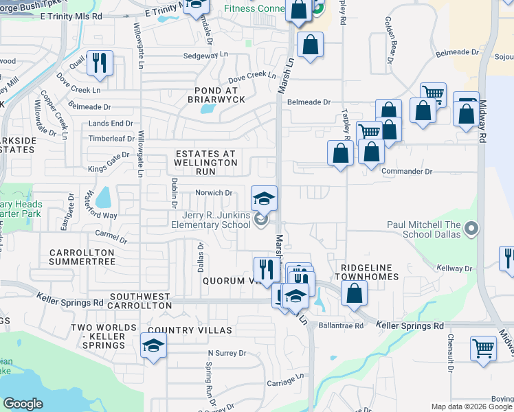 map of restaurants, bars, coffee shops, grocery stores, and more near 2407 Royal Summit Drive in Carrollton