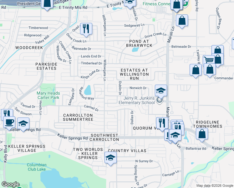 map of restaurants, bars, coffee shops, grocery stores, and more near 2736 Scarborough Lane in Carrollton