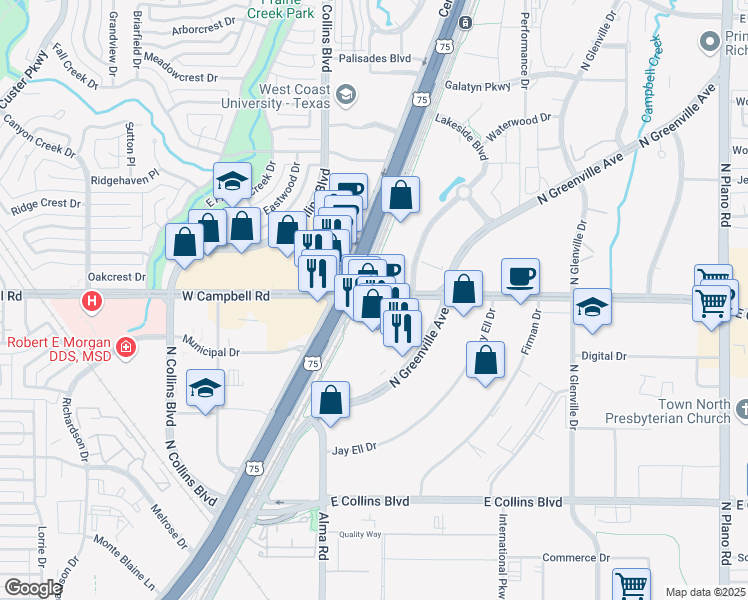 map of restaurants, bars, coffee shops, grocery stores, and more near 720 East Campbell Road in Richardson