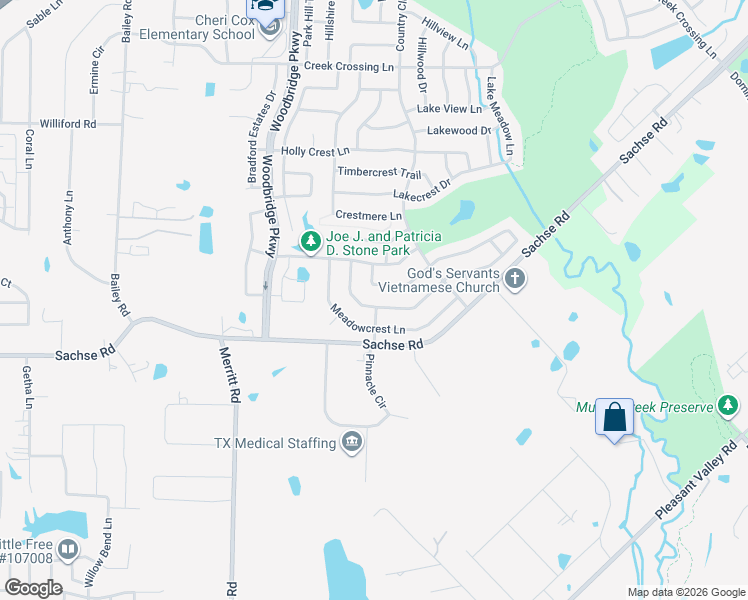 map of restaurants, bars, coffee shops, grocery stores, and more near 6203 Meadowcrest Lane in Sachse