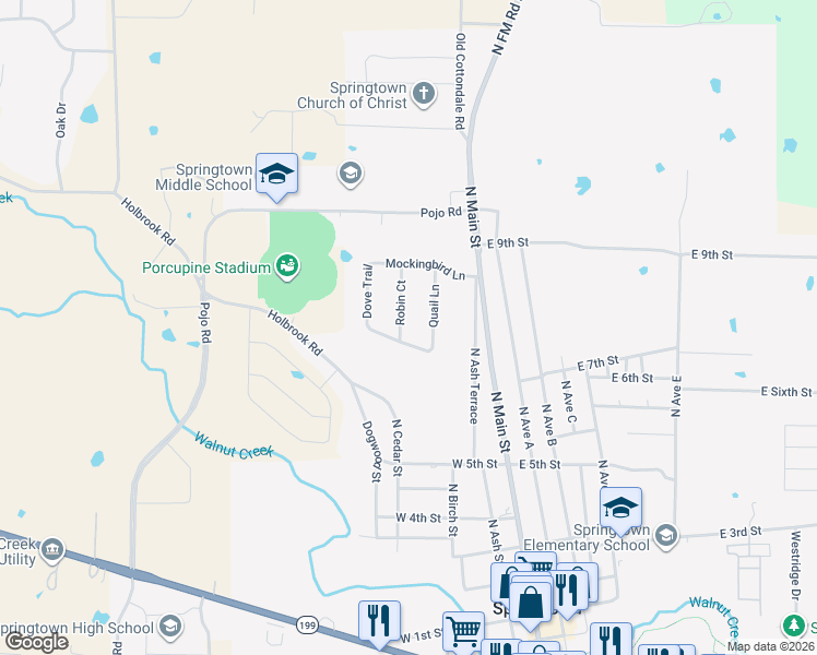map of restaurants, bars, coffee shops, grocery stores, and more near 411 Meadowlark Trail in Springtown