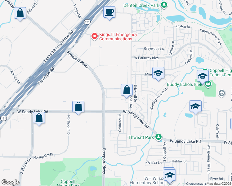 map of restaurants, bars, coffee shops, grocery stores, and more near 180 Freeport Parkway in Coppell