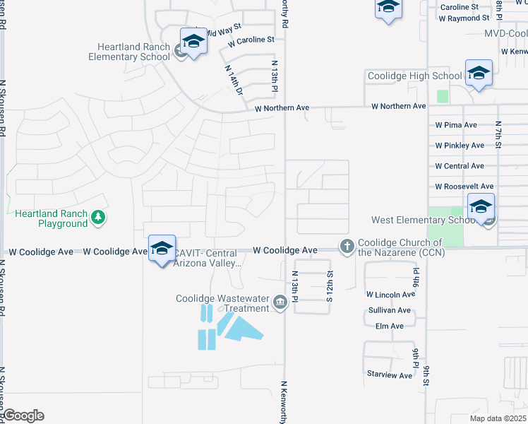 map of restaurants, bars, coffee shops, grocery stores, and more near 275 South 13th Place in Coolidge