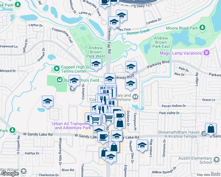 map of restaurants, bars, coffee shops, grocery stores, and more near 240 N Denton Tap Rd in Coppell