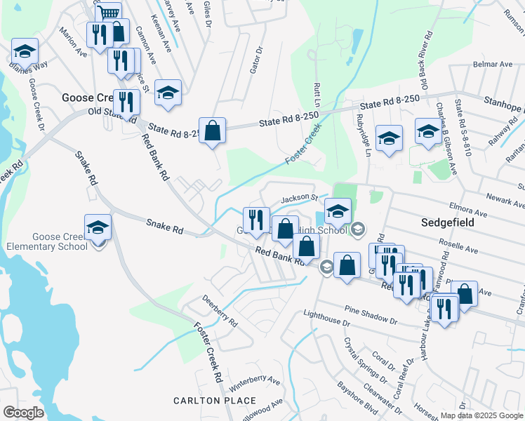 map of restaurants, bars, coffee shops, grocery stores, and more near 409 Truman Drive in Goose Creek