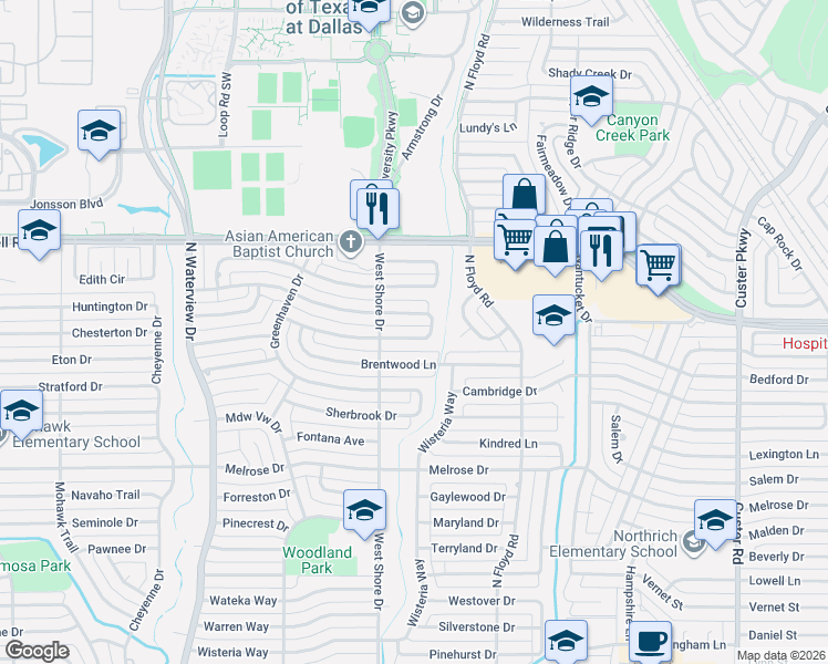 map of restaurants, bars, coffee shops, grocery stores, and more near 738 Brentwood Lane in Richardson