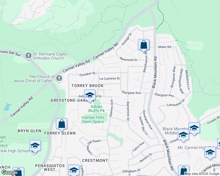 map of restaurants, bars, coffee shops, grocery stores, and more near 8924 La Cintura Court in San Diego