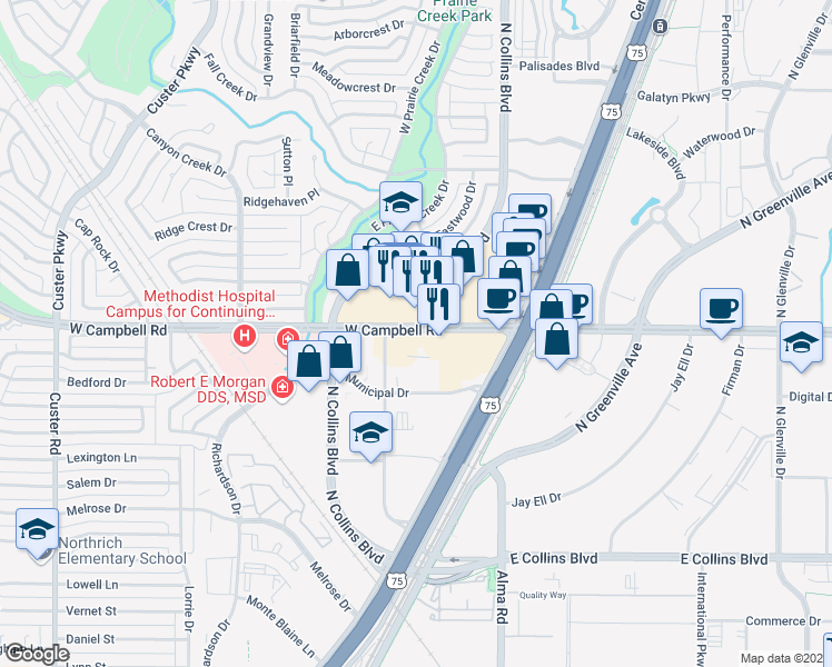 map of restaurants, bars, coffee shops, grocery stores, and more near 275 West Campbell Road in Richardson