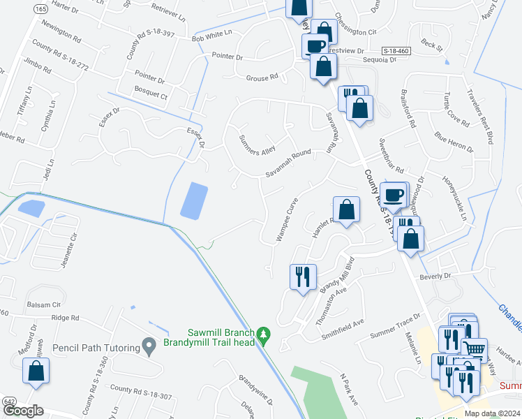 map of restaurants, bars, coffee shops, grocery stores, and more near 157 Wampee Curve in Summerville