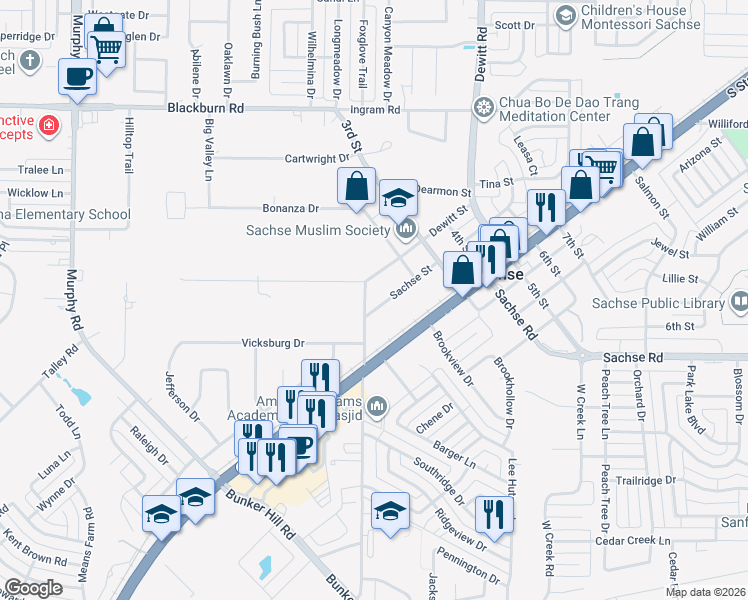 map of restaurants, bars, coffee shops, grocery stores, and more near 5609 Sachse Street in Sachse