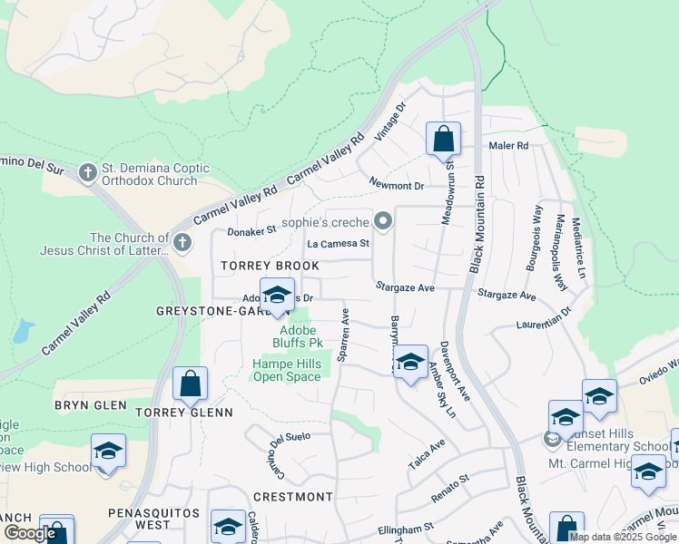 map of restaurants, bars, coffee shops, grocery stores, and more near 8924 La Cintura Court in San Diego